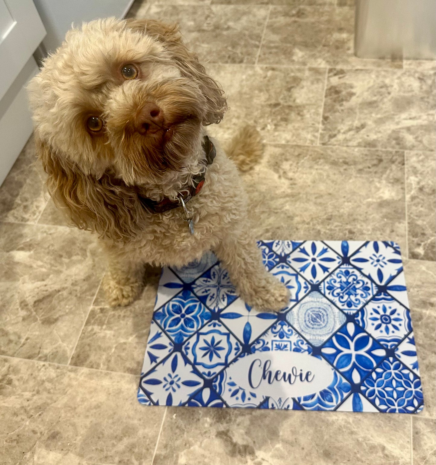 Personalised Pet Bowl Mat Mediterranean tile design
