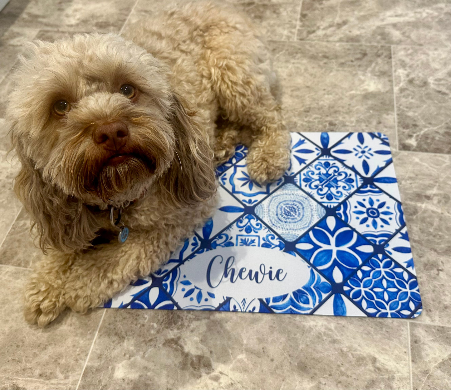 Personalised Pet Bowl Mat Mediterranean tile design