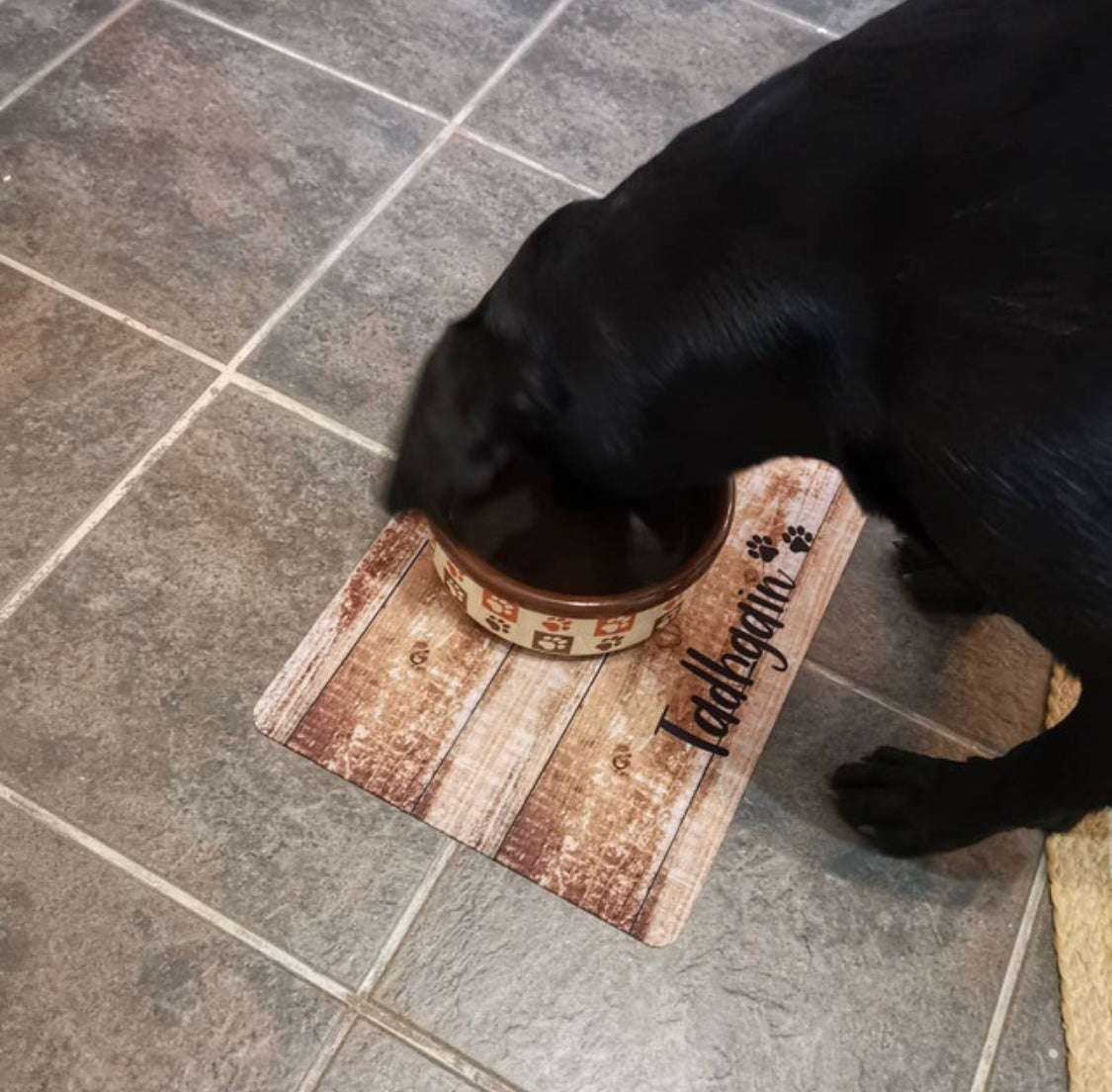 Personalised Pet Bowl Mat Wood Effect Design