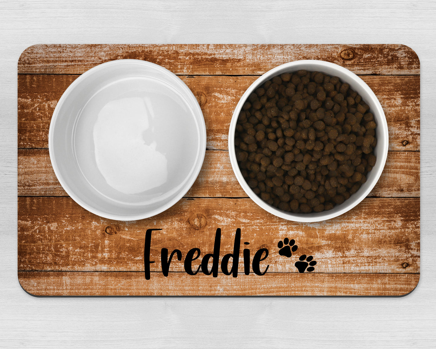 Personalised Pet Bowl Mat Wood Effect Design