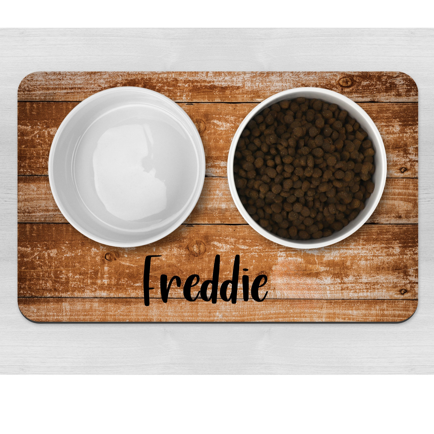 Personalised Pet Bowl Mat Wood Effect Design
