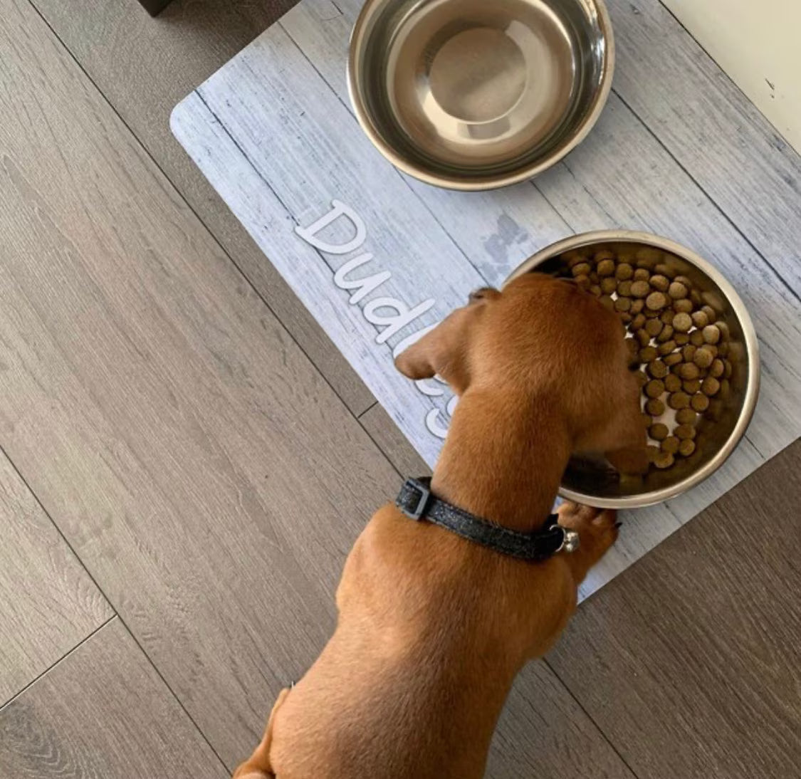 Personalised Pet Bowl Mat Wood Effect Design