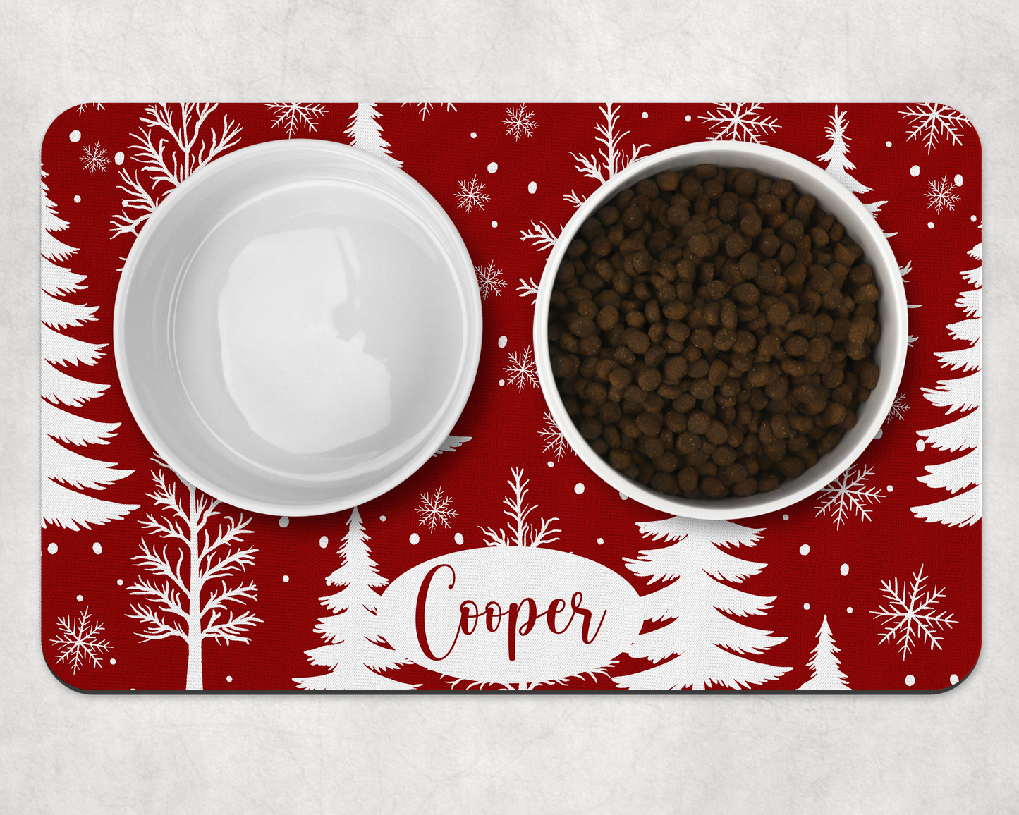Personalised Pet Bowl Mat Christmas Tree & Snowflakes Design