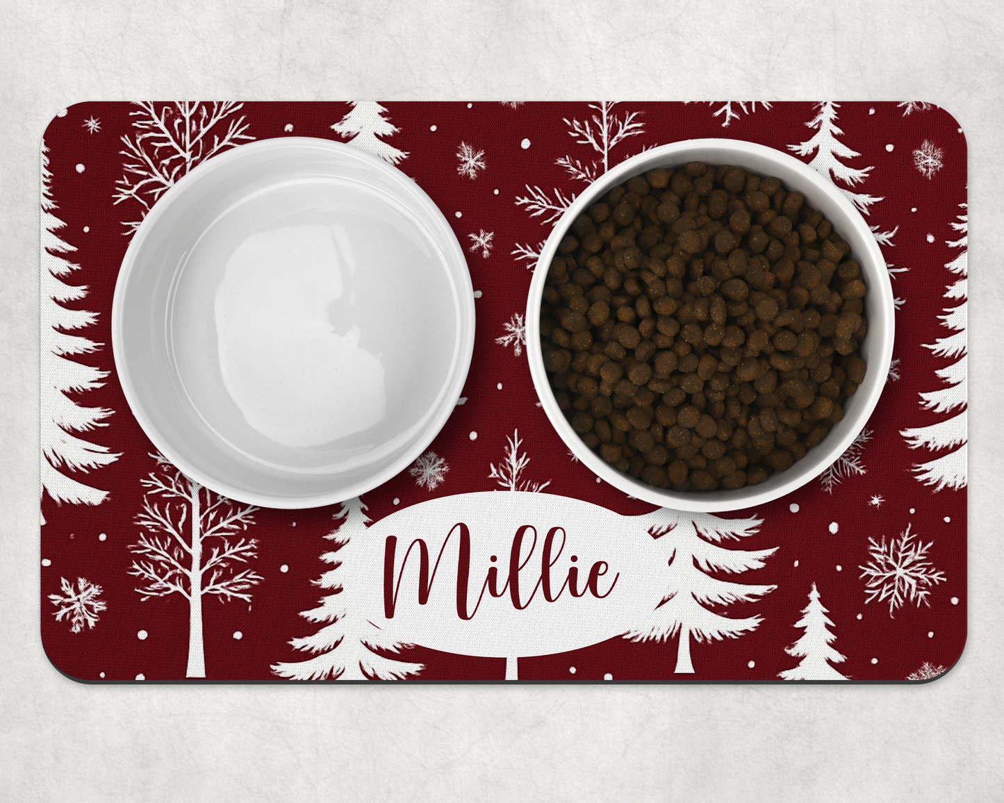 Personalised Pet Bowl Mat Christmas Tree & Snowflakes Design