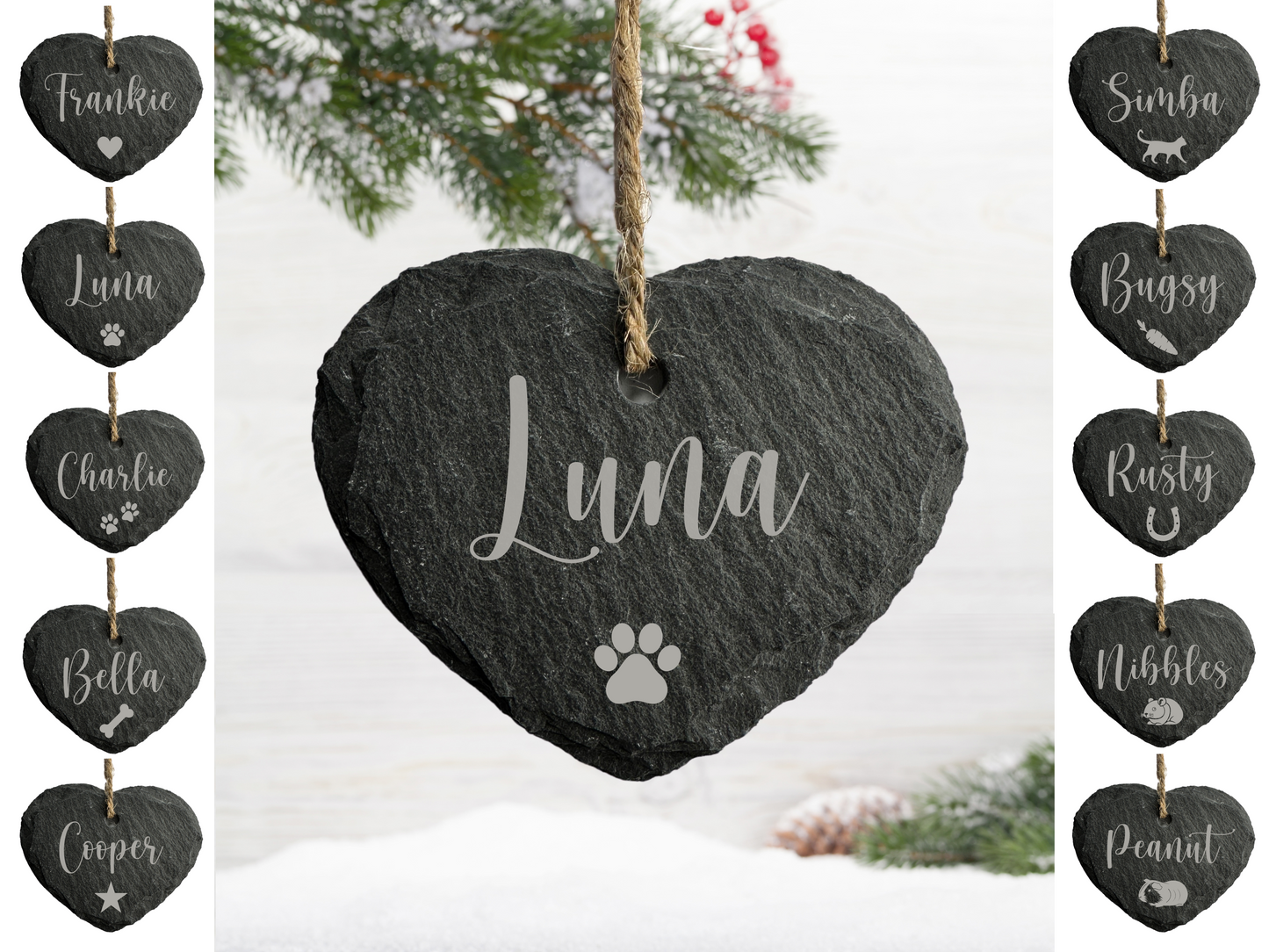 Personalised Small Slate Hanging Christmas heart Decoration