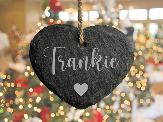 Personalised Small Slate Hanging Christmas heart Decoration