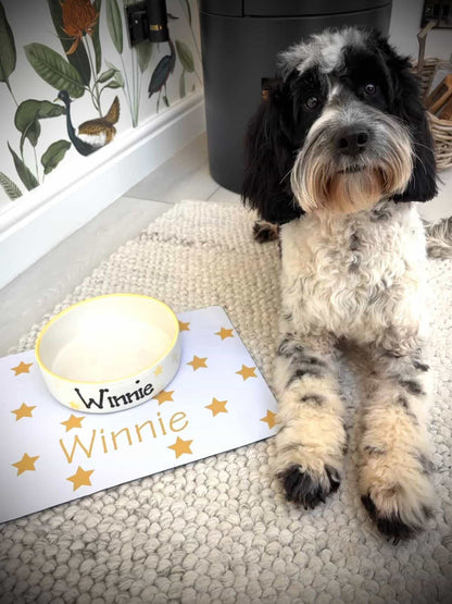 Personalised Straight Sided Polka Star bowl and mat set