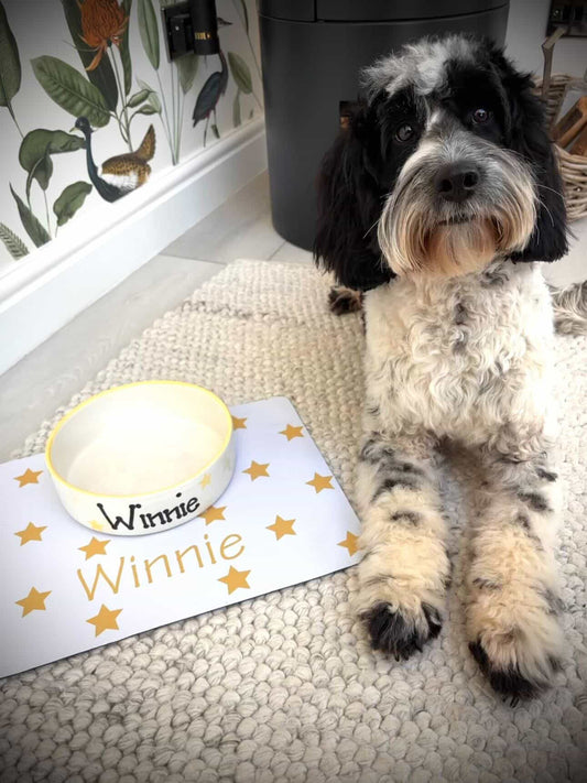 Personalised Straight Sided Polka Star bowl and mat set