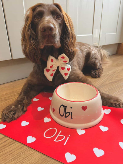 Personalised Slanted Polka Love heart bowl and heart mat set