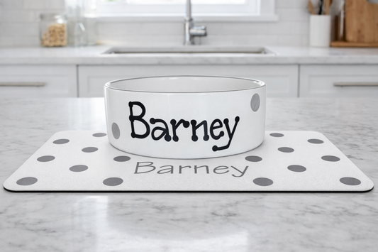 Personalised Straight Sided Polka Dot bowl and mat set