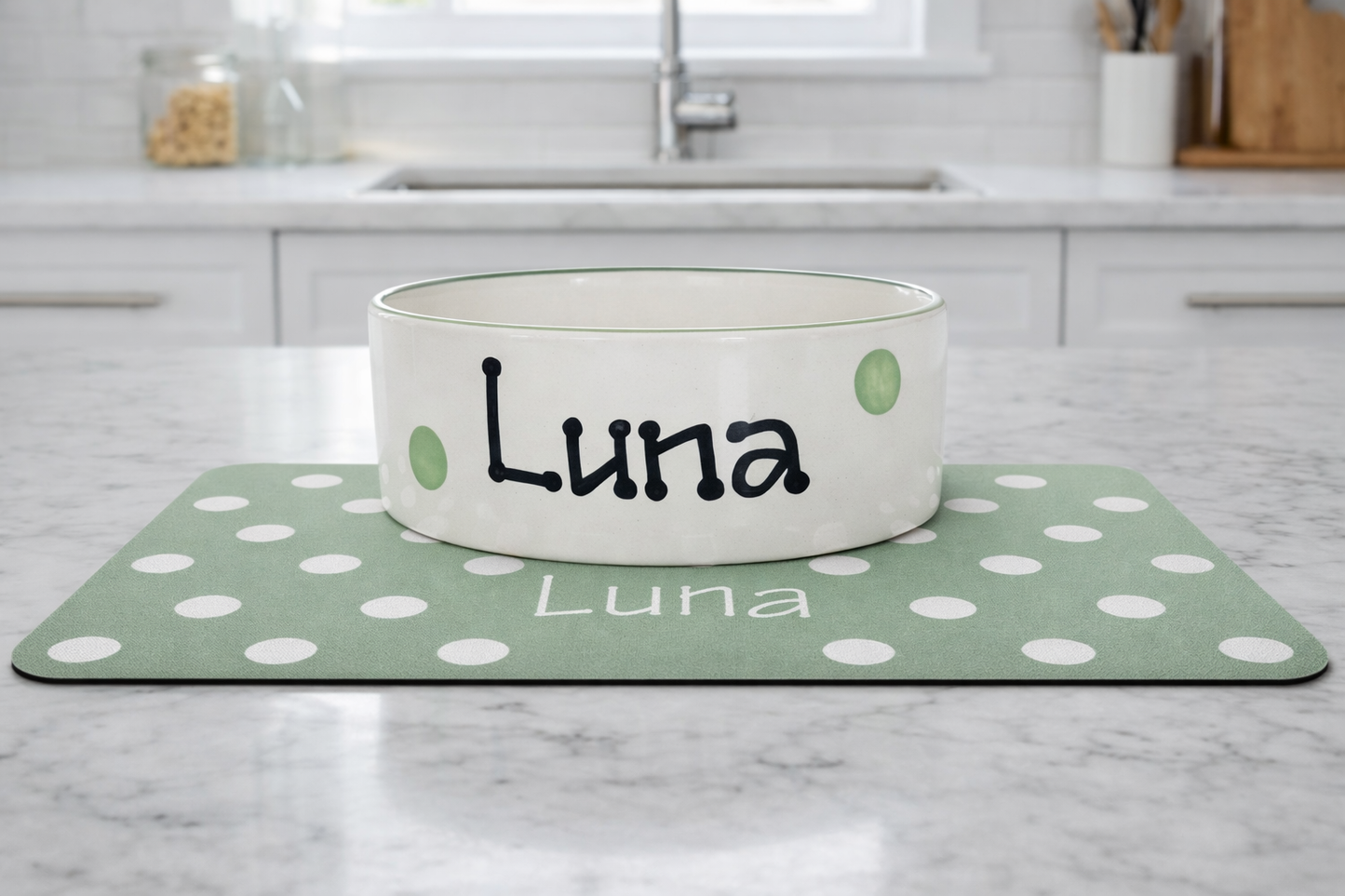Personalised Straight Sided Polka Dot bowl and polka mat set
