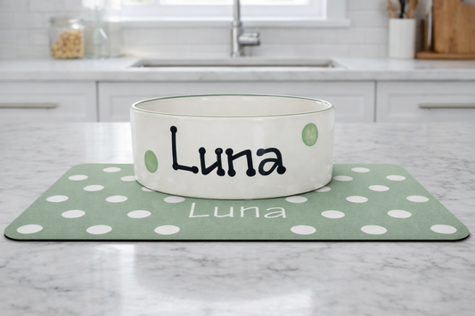 Personalised Straight Sided Polka Dot bowl and polka mat set