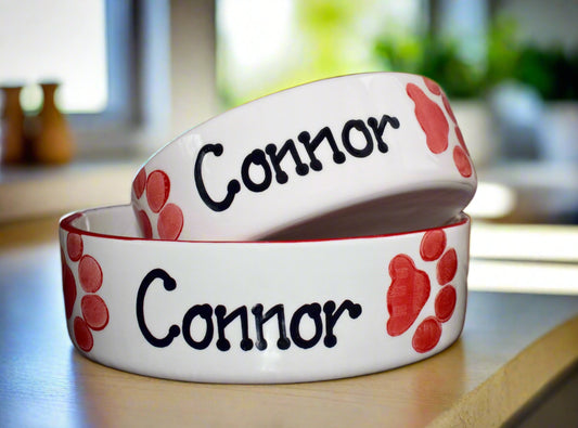 Personalised Straight sided Paw Print design 2 bowl set