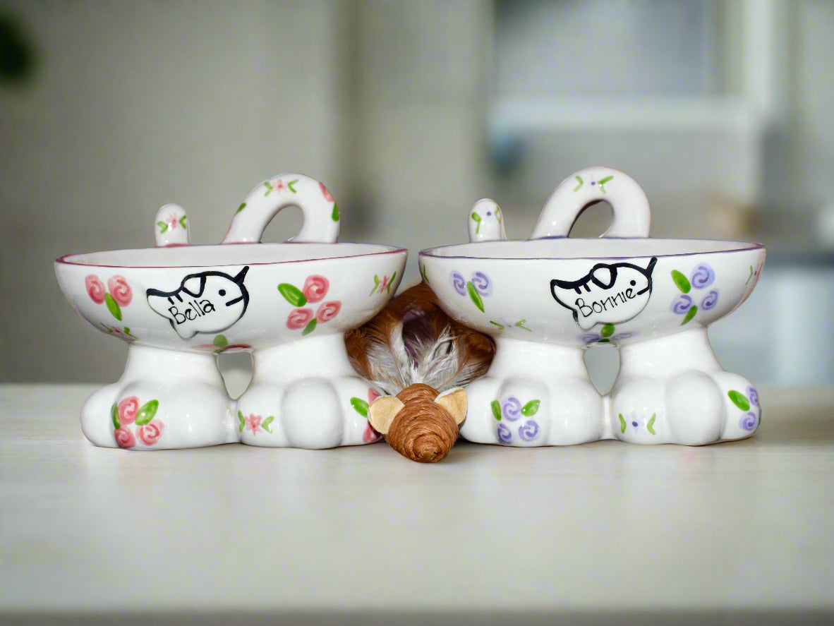 Personalised Cat Leg Bowl Roses Design