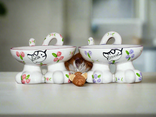 Personalised Cat Leg Bowl Roses Design