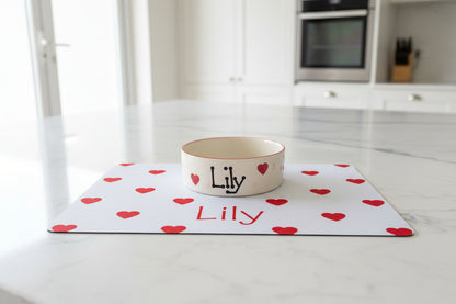 Personalised Straight Sided Love Heart bowl and love mat set