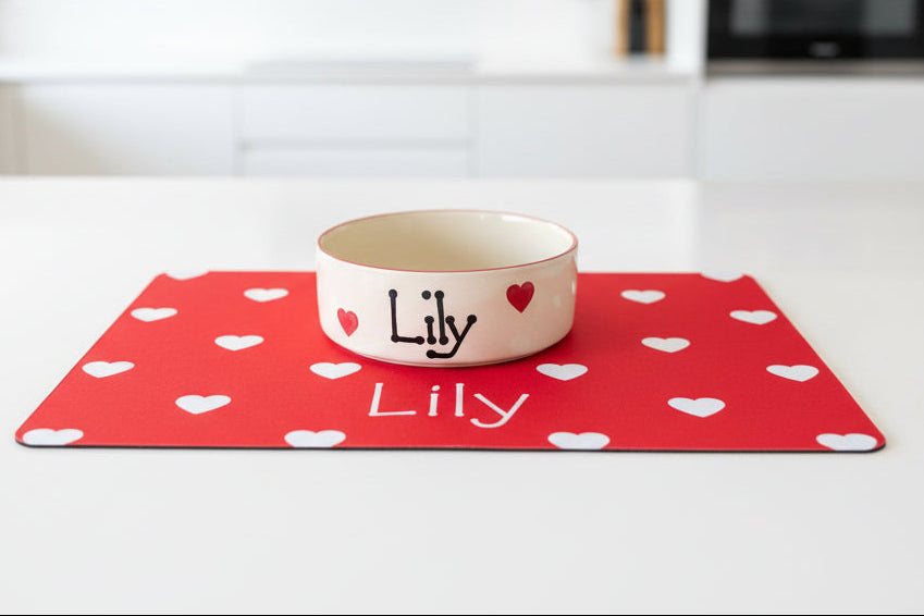 Personalised Straight Sided Love Heart bowl and mat set