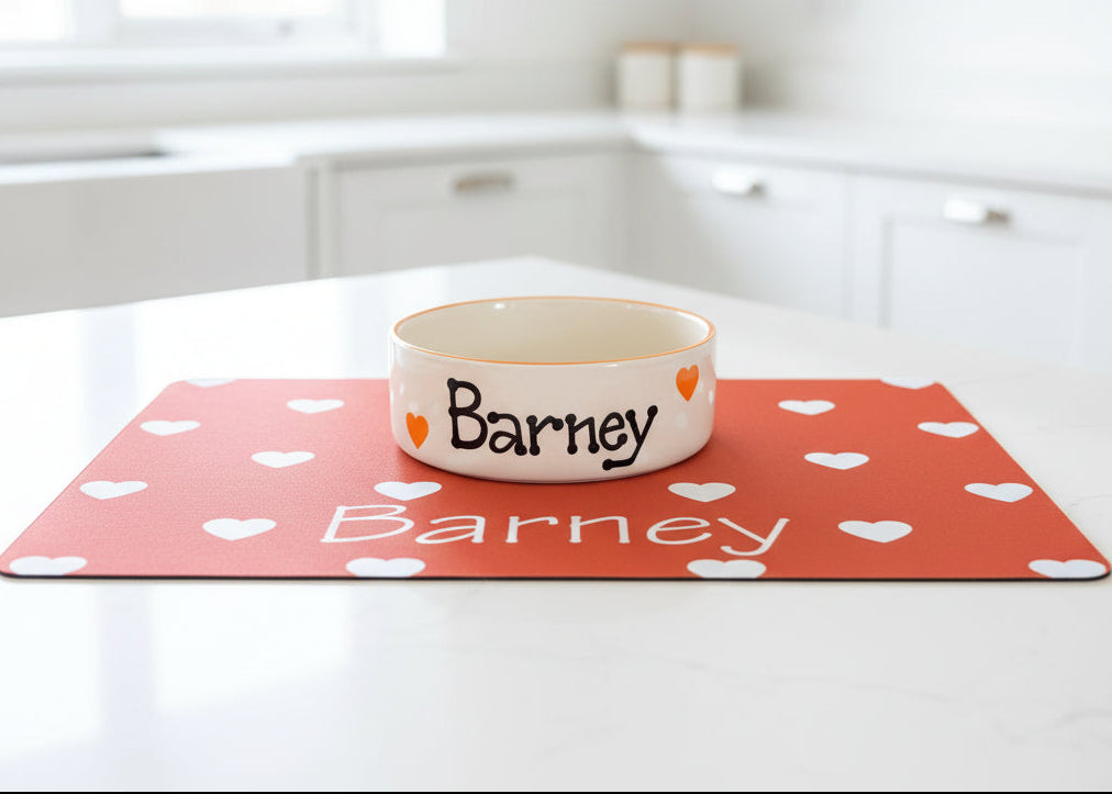 Personalised Straight Sided Love Heart bowl and mat set