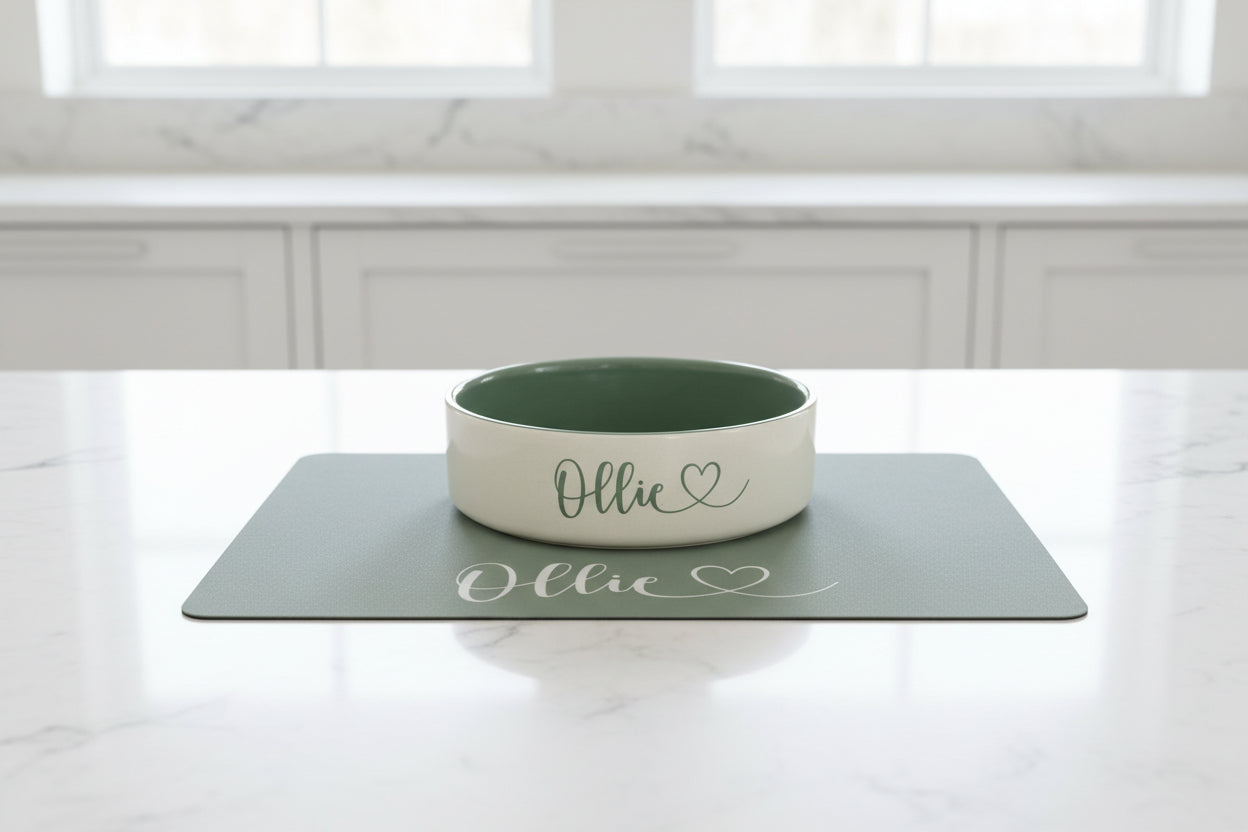 Personalised Straight Sided Monochrome Heart Font bowl and mat set
