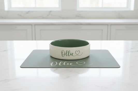 Personalised Straight Sided Monochrome Heart Font bowl and mat set