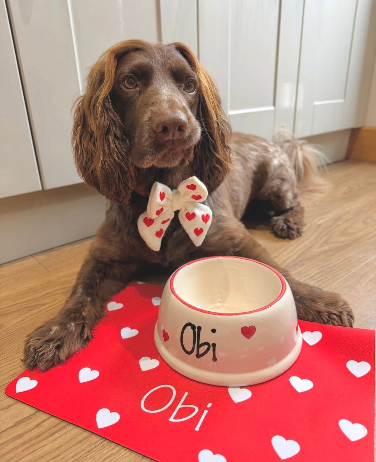 Personalised Slanted Polka Love heart bowl and heart mat set
