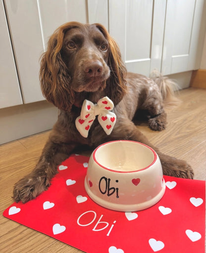 Personalised Slanted Polka Love heart bowl and heart mat set