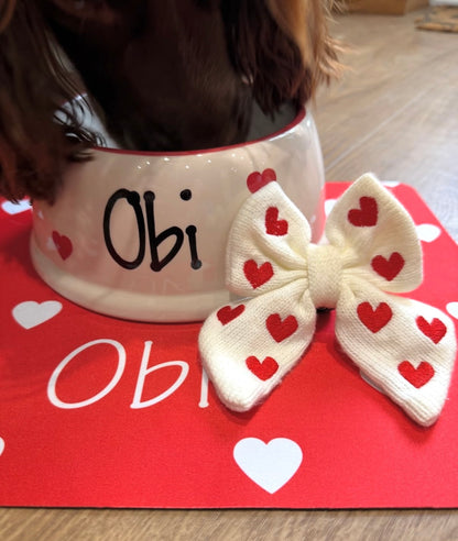 Personalised Slanted Polka Love heart bowl and heart mat set