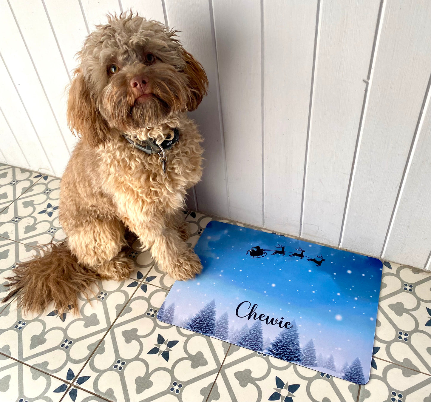 Personalised Pet Bowl Mat Christmas Scene Design