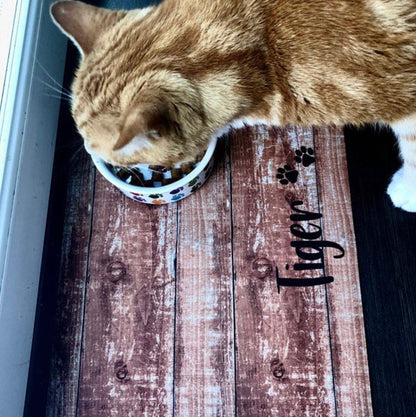 Personalised Pet Bowl Mat Wood Effect Design