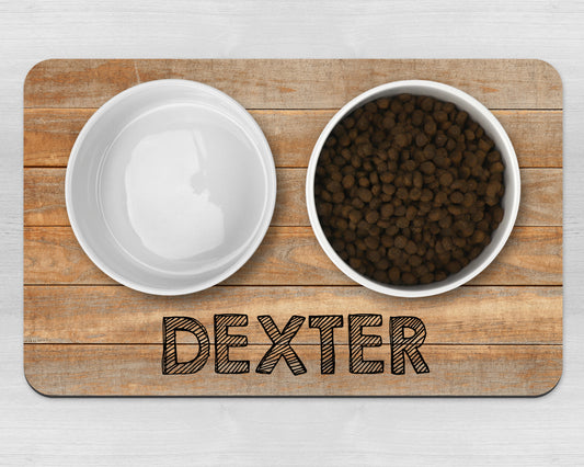 Personalised Pet Bowl Mat Wood Effect Design