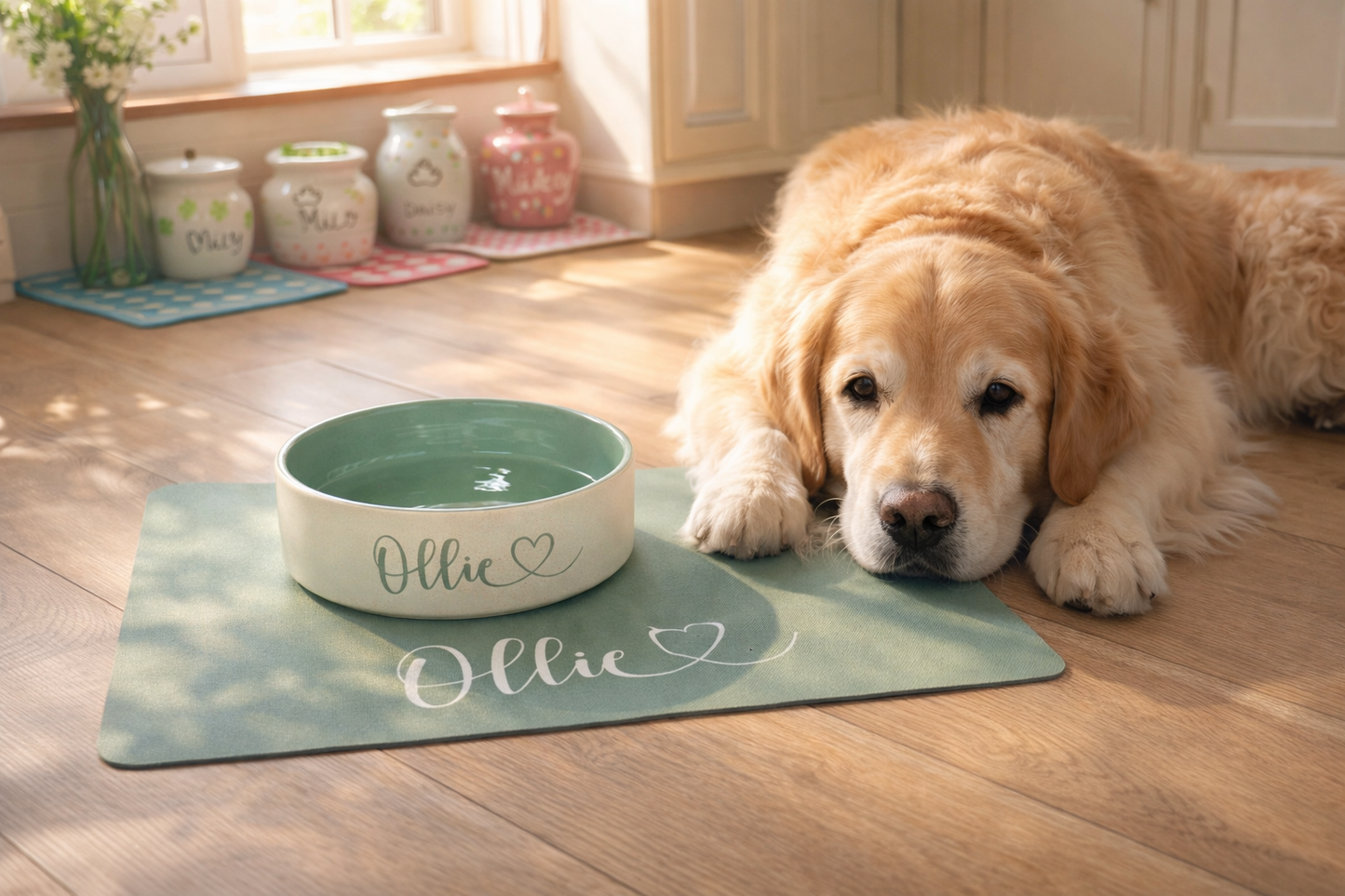 Personalised Straight Sided Monochrome Heart Font bowl and mat set