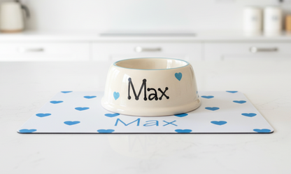 Personalised Slanted Polka Love heart bowl and mat set