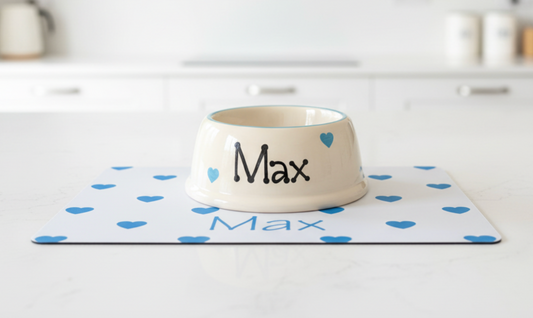 Personalised Slanted Polka Love heart bowl and mat set