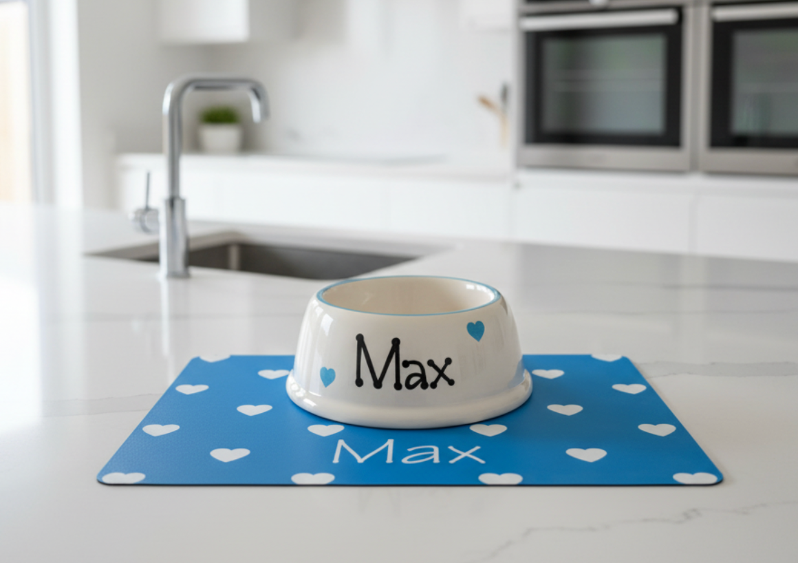 Personalised Slanted Polka Love heart bowl and heart mat set