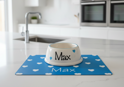 Personalised Slanted Polka Love heart bowl and heart mat set