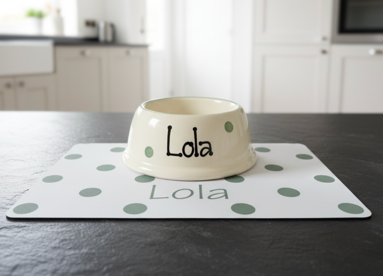 Personalised Slanted Polka Dot bowl and polka mat set