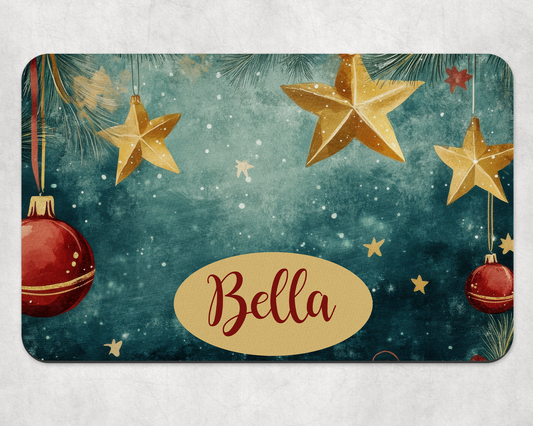 Personalised Pet Bowl Mat Christmas Baubles & Stars Design