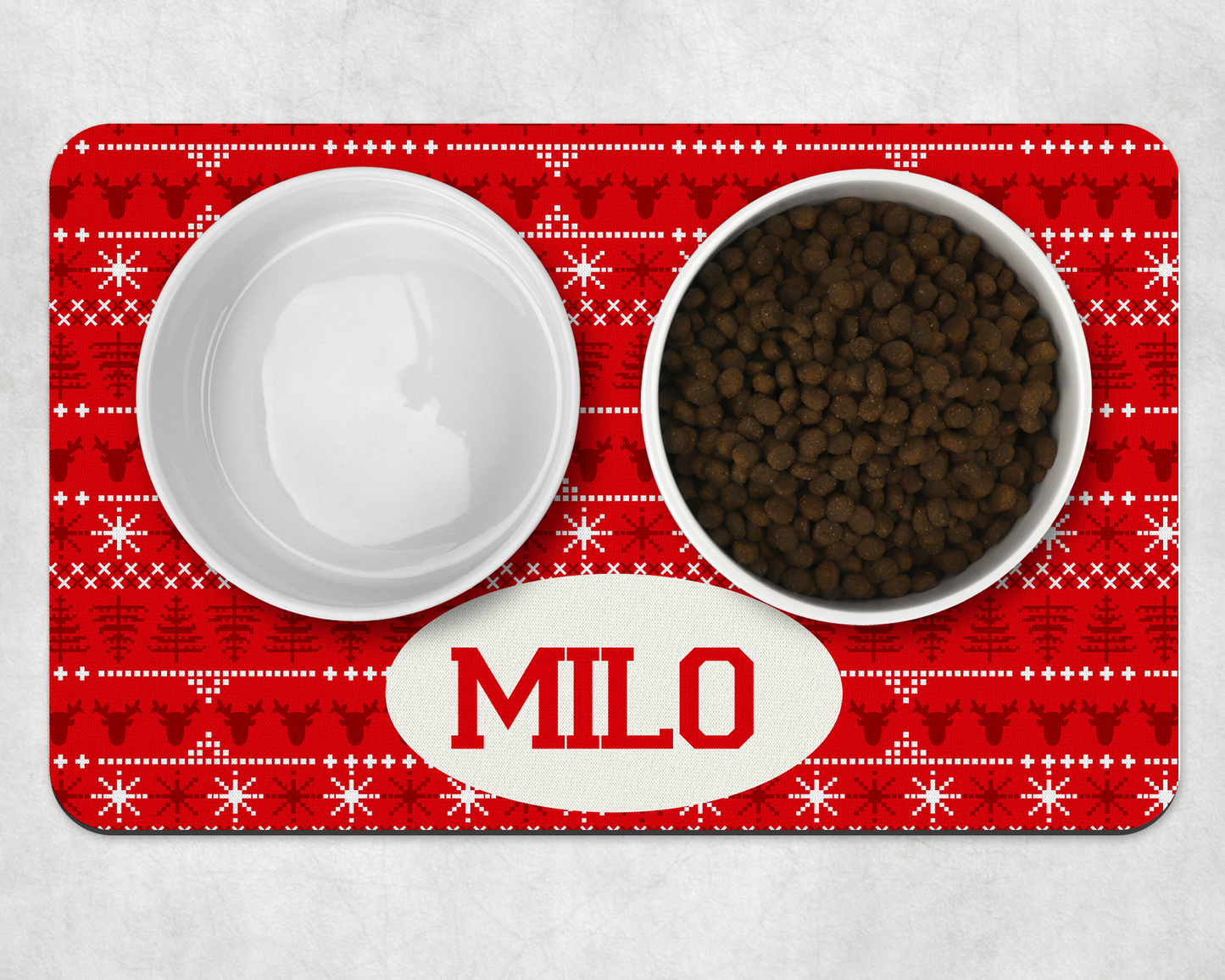 Personalised Pet Bowl Mat Christmas Jumper Design