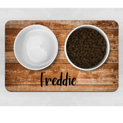 Personalised Pet Bowl Mat Wood Effect Design