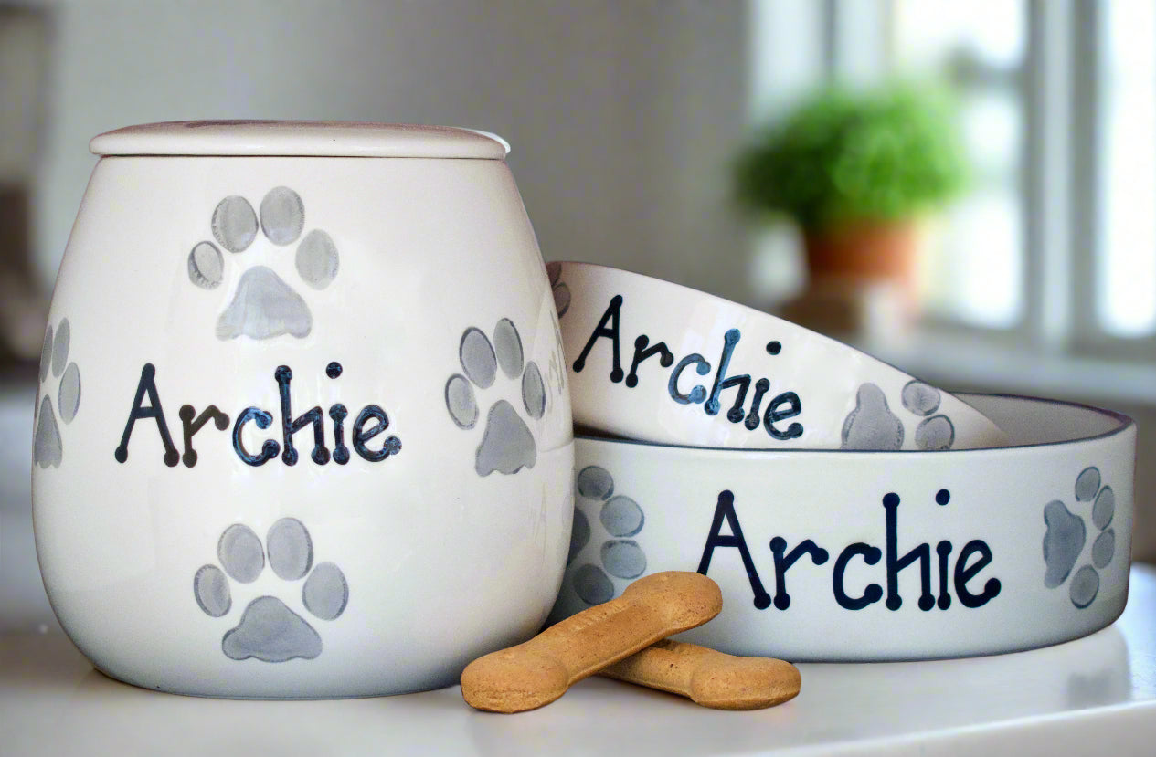 Personalised Straight sided Paw Print design Treat Jar set
