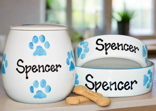 Personalised Straight sided Paw Print design Treat Jar set