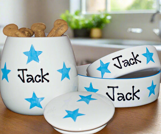 Personalised Straight sided Star Print design Treat Jar set