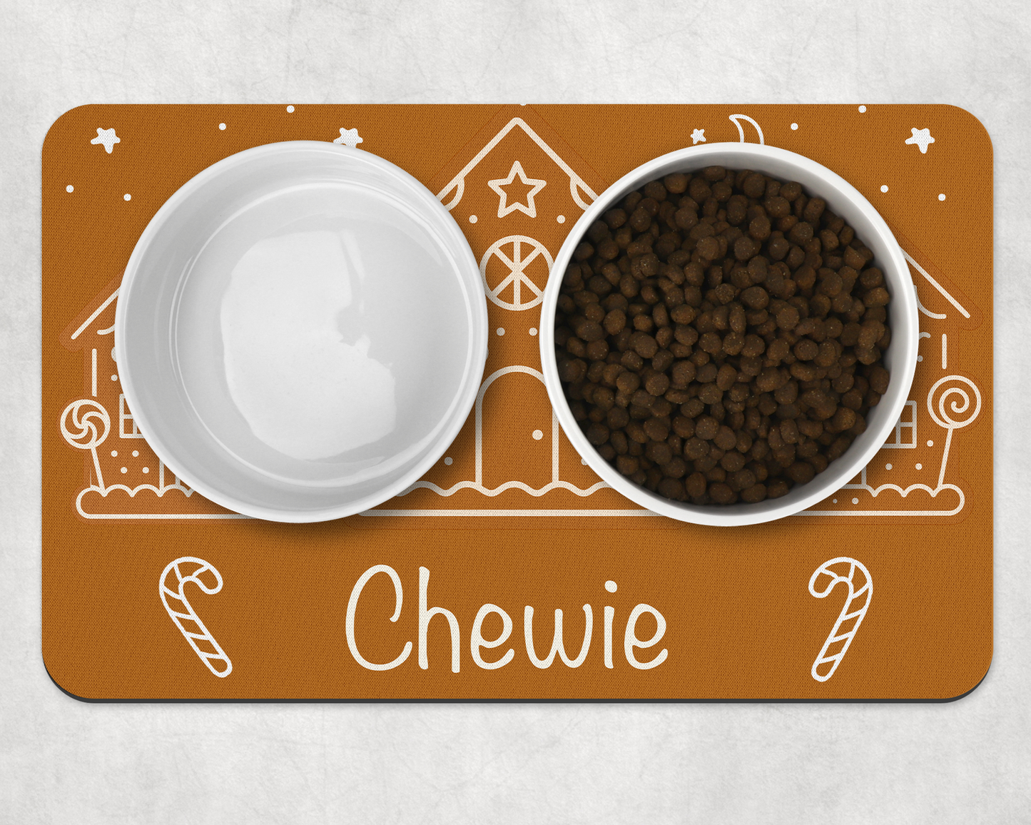Personalised Pet Bowl Mat Gingerbread House Design