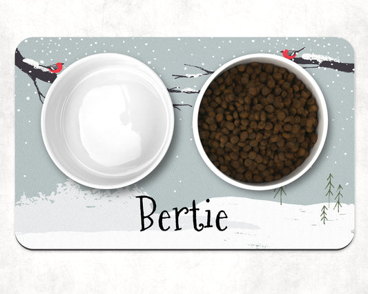 Personalised Pet Bowl Mat Christmas Scene with Robin Design