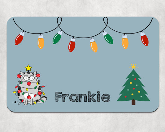 Personalised Pet Bowl Mat Christmas Cat Design