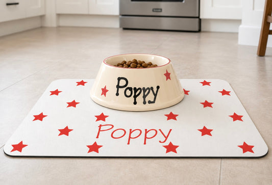 Personalised Slanted Polka Star bowl and polka star mat set
