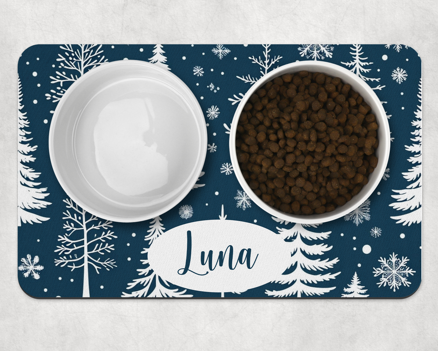 Personalised Pet Bowl Mat Christmas Tree & Snowflakes Design