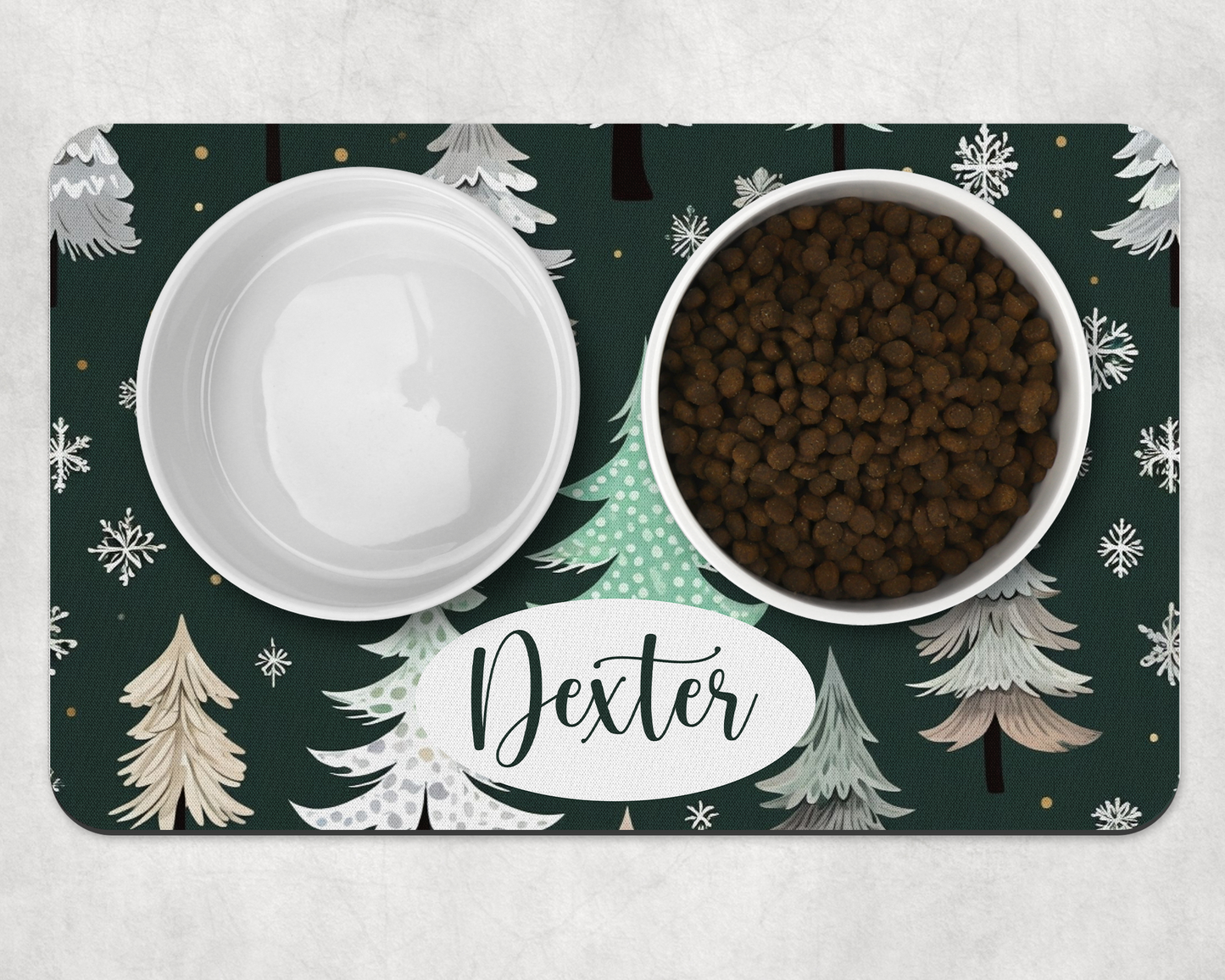 Personalised Pet Bowl Mat Christmas Tree & Snowflakes Design